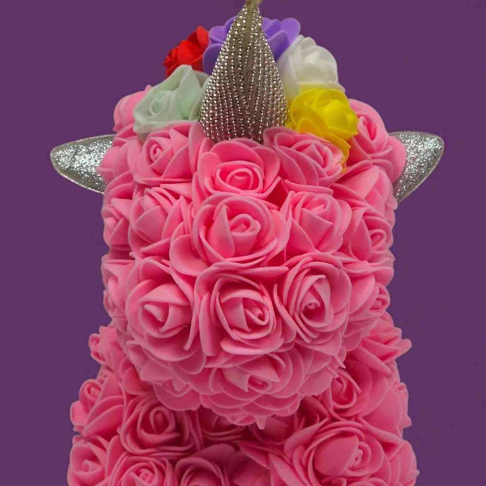 Rose Unicorn Gift - Pink Foam Flowers, Rainbow Mane, 